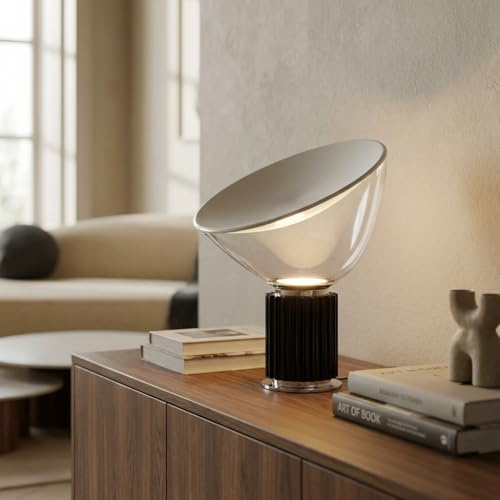BARCELONA LED Lámpara de mesa Eleganza Small con pantalla de cristal transparente, cuerpo metálico negro y cable negro, moderna y vintage industrial, grande para lectura, dormitorio y escritorio