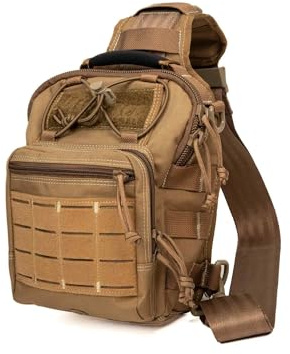 MAGFORCE Taktische Sling Bag „Hamburger Bag“ – Kompakte Schulter- und Brusttasche mit Molle-System, Leichtes Nylon, Große Kapazität, Mehrere Fächer, mit Tragegurt Hellbraun, Größe S – 500D