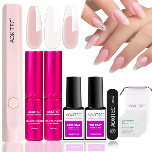 Aokitec UV Nagellack Starter Set mit UV Lampe für Gelnägel : 2 Farben Weiß Rosa Gel Nagellacks mit Base & Top Coat, Nagellampe,Manicure Gelnägel Nägel Selber Nagelstudio Set for French Nails Art