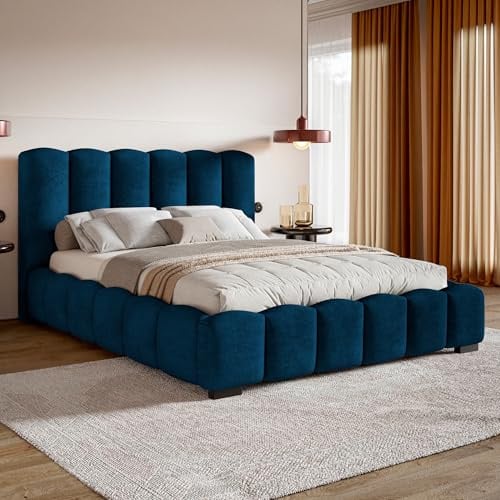 MOTIVENA Grand Bubble Bett 180x200 Blau Samt, mit Stauraum, mit Kopfteil, mit Lattenrost, mit Füßen, ohne Matratze, Bubble Polsterbett 180x200 mit Bettkasten Blau (Dunkelblau)