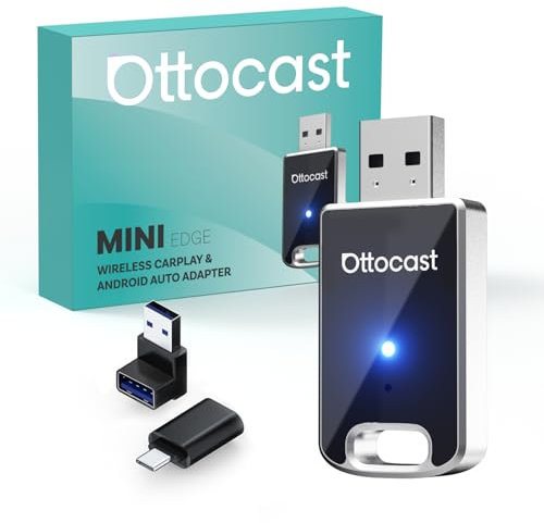 (Nuovo Modello 2025) OTTOCAST Adattatore Wireless 2 in 1 Carplay Android Auto, OTTO CAST Mini Edge per iOS 10+ e Android 11+, Connessione Perfetta per Auto con Carplay/Android Auto Integrati via Cavo