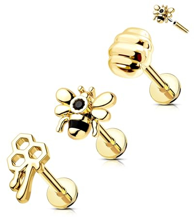 CM Crareesi Mania 3 Stück Bienen Helix Piercings Gold 8mm Chirurgenstahl Piercing Ohr Conch Piercing Knorpel Tragus Piercing lippenpiercing Labret Piercing Stecker 8mm für Frauen Männer