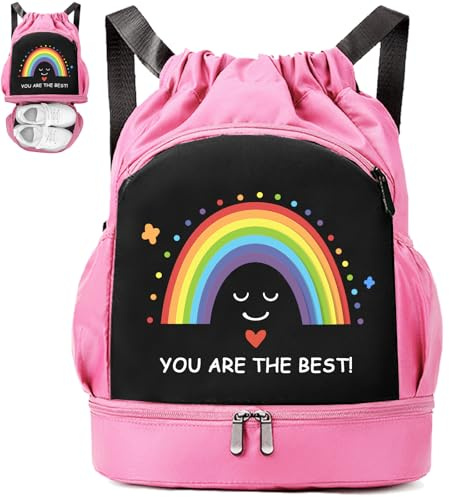 YOUYIKE Schwimmtasche Kinder, 30x16x42cm Regenbogen-Badetasche Mit Nassfach Verstellbarer Schultergurt Schwimmtasche MäDchen für Bewegung, Training, Schwimmen