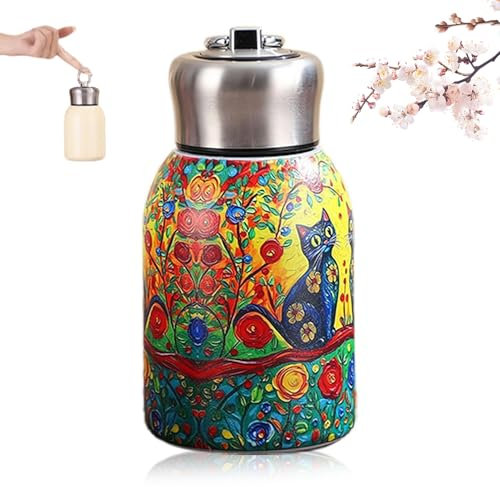 Stainless Steel Small Water Bottle 300ML, Stylish & Portable Mini Insulated Thermal Cup, Vintage Cat Pattern Water Bottle for Hot&Cold Drinks, Heat Resistant Teapot for Gym, Hiking, School, Travel