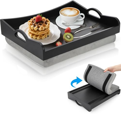 ELFULLY Lap Tray with Detachable Cushion, 16 x 12.5 Bamboo TV Bed Trays Table, Serving Tray with Handle for Adults Elderly Eating Food Breakfast Dinner in Recliner Couch Car