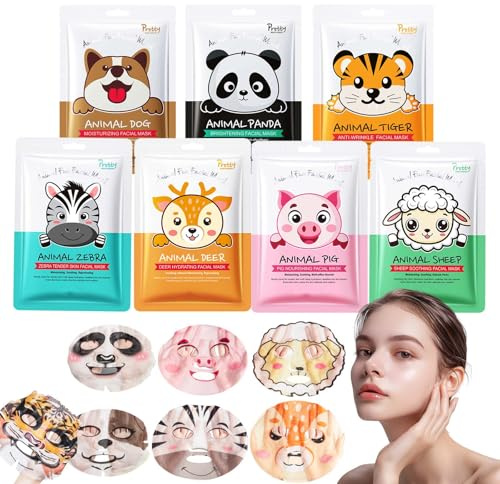Tiermuster Tuchmasken Gesicht Maske mit Haarband - Gesichtsmaske Set für Teenager Mädchen Geschenke - Skincare Set mit Hyaluronsäure - Beruhigend Hautpflege Geschenkset Frauen (Kein Stirnband)