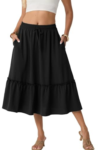 PrinStory Women's Summer Midi Skirts Ladies Boho Flowy Casual Elastic High Waist Skirts with Pockets