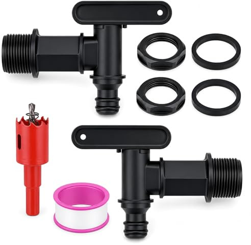 Lot de 2 Robinets d'écoulement pour Citerne d'eau de Pluie, Robinet en Plastique avec Joint et Ouvre-Trou, Adaptateur 3/4 pour Réservoir et Citerne d'eau de Pluie
