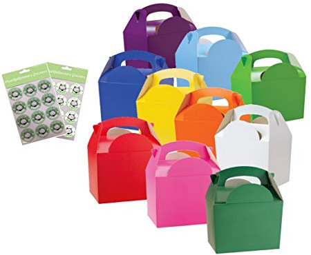 MustBeBonkers® 15 Childrens/Kids Party Boxes Plain Coloured Carry Food Meal Birthday Party Box Loot Bag - Size: 152mm x 100mm x 102mm with Sticker Seals (Variety of Colours)