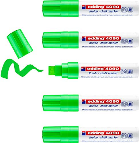 edding 4090 Kreidemarker - hell-grün - 5 Kreidestifte - Keilspitze 4-15 mm - breiter Kreidestift für Tafel abwischbar - zum Beschriften von Fenster, Glas, Spiegel - Tafelstift mit deckenden Farben