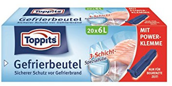 Toppits Gefrier Beutel 6L, 45 Stk., Metallfrei, mit flachem Boden, Polyethylen, Kopffalt, Weiß, Begrenzt wiederverwendbar, Luftdicht, Aufbewahrung und Einfrieren von Lebensmitteln, B 27 x H 50 cm