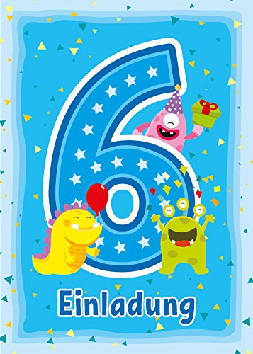 12 Einladungskarten zum 6. Kindergeburtstag Blau – Lustige Monster Einladungen zum sechsten Geburtstag, Bunte Karten für Jungen und Mädchen, Kindergeburtstagskarten Set