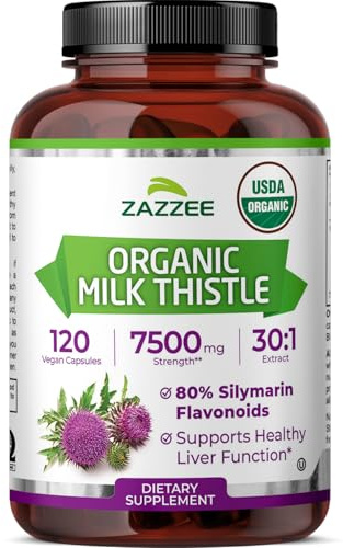 Zazzee USDA Organic Milk Thistle 30:1 Extract, 80% Silymarin, 120 Vegan Capsules, 4 Month Supply, Certified Kosher, High Potency Liver & Antioxidant Support, Silybum Marianum, Non-GMO, Made in the USA