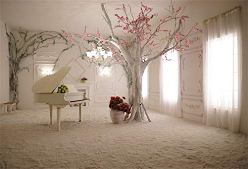 YongFoto 3x2m Foto Hintergrund Innenweißer Klavier Rosa Blumen Bäume Weißer Vorhang Europäische Archäologie Fotografie Hintergrund Fotoshooting Portrait Party Kinder Hochzeit Fotostudio Requisiten