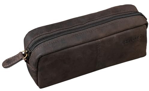 STILORD 'Spencer' Leder Federmappe Vintage mit Reißverschluss Kosmetiktasche Organizer Stiftemappe Schlamperrolle Schlampermäppchen Etui Echtes Leder, Farbe:dunkel - braun