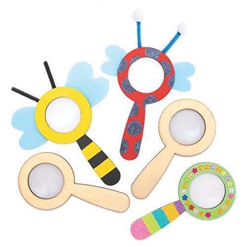 Baker Ross AT613 Design Your Own Wooden Magnifying Glass - Pack of 5, Educational, Science Toys, STEM Activities for Children to Explore and Inspect Outdoor Insects for Learning,6.2 x 3.1 inch