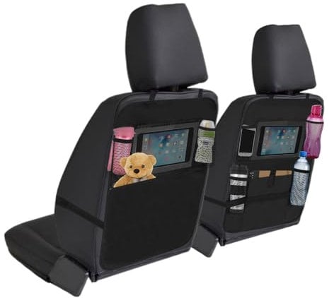 ZYBUX - Car Back Seat Organisers 2pcs, 2 Type Waterproof Kick Mats Car Organiser Seat Back Protectors with Multi Pockets Including 10 iPad Tablet Holder (BLACK)