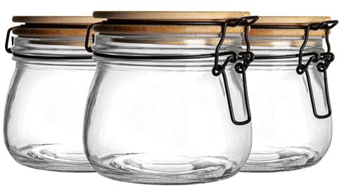 Argon Tableware Glass Storage Jar with Airtight Wooden Clip Lid - 500ml - 3 Pack - Kitchen Container Round Preserving Jar for Pickling, Chutney, Jam, Coffee, Oats