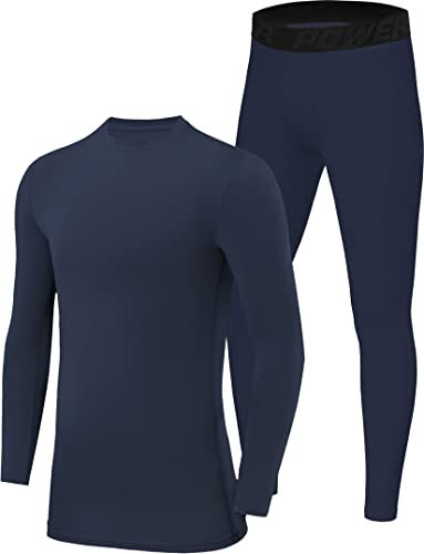 PowerLayer Skins for Boys Kids Base Layer Thermal Long Sleeve Top & Tights Football Compression Set - Navy Top + Navy Tights, 6-8 Years