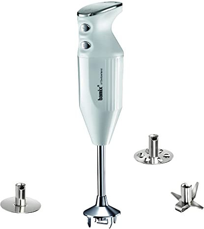 bamix Set avec mixeur plongeant M250 PRIME avec couteau étoile, disque fouet et disque mélangeur en inox, 250 W, 2 vitesses, Fabriqué en Suisse, Blanc/Chromé