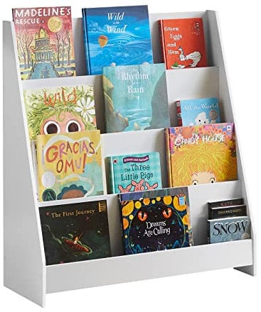 SoBuy Bücherregal Kinder Montessori Kinderregal mit 4 Ablagefächern Regal Kinderzimmer Spielzeug Aufbewahrung Büchergestell Hängefächerregal Weiß 80x88x30cm KMB32-W