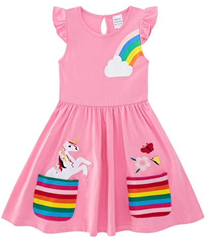 SFreeBo Girls Party Dresses 4-5 Years Pink Dress for Kids Cotton Cute Flutter Sleeve Rainbow T-Shirt Dress Spring Summer Unicorn Flower Embroidery Casual Dress