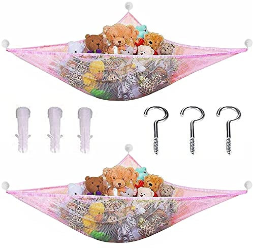 2Pcs Soft Toy Net Storage Hammock for Stuffed Animals and Teddy - Strong Quality Elastic Large Mesh Toys Holder Organiser Pink