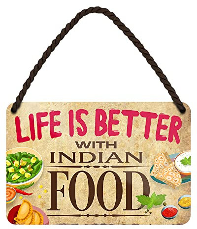 Life is better with Indian Food - Retro Deko Hängeschild mit Kordel und Saugnapf - Dekoration Küche India Restaurant - 18x12cm