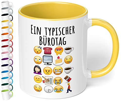 Lustige Büro Tasse Ein typischer Bürotag - lustige Kaffee-Tasse mit Spruch Emoticon Kaffeebecher, Geschenk für Mitarbeiter Kollegen Büro Arbeit Homeoffice Geburtstag Weihnachten (Hellgelb)