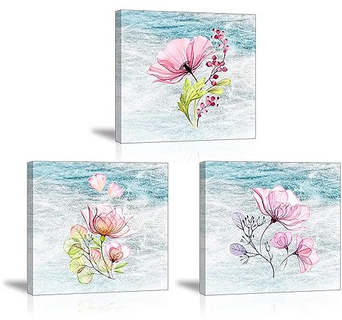 PIY PAINTING 3 Pezzi Quadro su Tela Stampa Fiore Elegante, Disegno su Tela con Cornice Interna, Pronto da Appendere, Stampa su Tela a Tema Rosa per Soggiorno, Camera da Letto, Decorazione (30X30 CM)