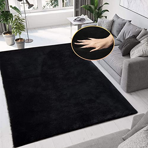 ORINOVA Teppich Wohnzimmer Waschbar Schwarz Fellteppich 150x240 cm Flauschiger Kunstfell Teppich Schlafzimmer Kinderzimmer Weich Groß Gegend Rechteckig