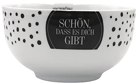 Dekohelden24 Müslischale, Frühstücksschale, Schüssel aus Porzellan in schwarz-weiß gepunktet, Motiv: Schön, DASS es Dich gibt - H/Ø ca. 7 x 13 cm, Fassungsvermögen ca. 450 ml
