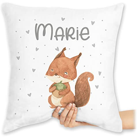 Kissen 40x40 Zierkissen - Tiere - Eichhörnchen Eichhorn Squirrel - 40 x 40 cm - Weiß - Tier personalisierte Geschenke Kita Tieren Name tiermotiv Waldtiere personalisierter und Personalisieren