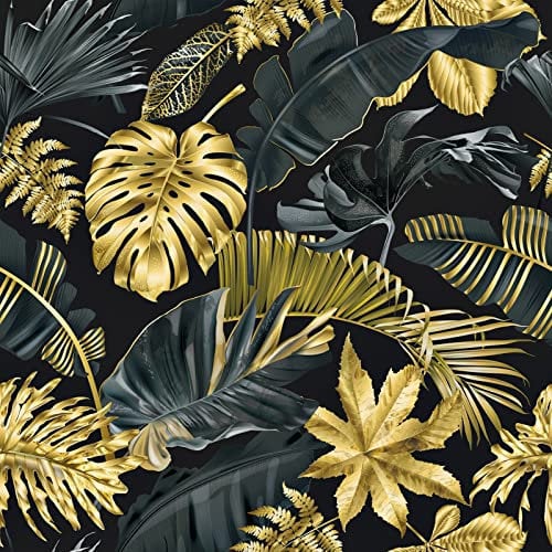 HotDecor Selbstklebende Tapete Gold Schwarz Klebefolie Goldene Blätter Muster 60 X 1000CM Tapete Dschungel für Schlafzimmer Wohnzimmer Dekofolie Möbelfolie Schwarz Gold PVC Folie Küchenschränke
