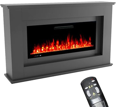 GLOW FIRE Elektrokamin mit Heizung und Kaminfeuer (Standkamin Rhea) - elektrischer Kamin mit LED-Feuer in 5 Farben, Heizlüfter, Deko & Fernbedienung – 158x97x33 cm, Grau