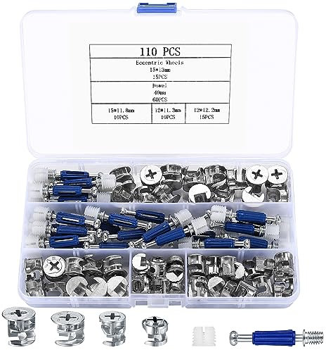 Cam Lock Nuts and Cam Screws, 110 Pcs Cam Locks for Furniture Connecting Cam Lock Fittings, 3 in 1 Cam Connector Bolt Fittings Fasteners Hardware Parts for Drawer Dresser Cabinet