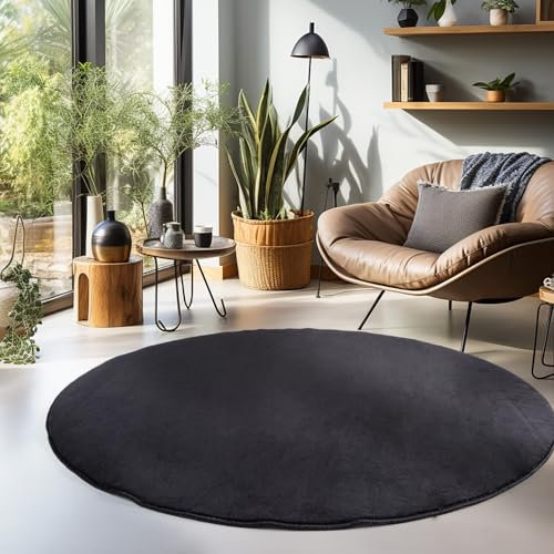 Carpetsale24 Teppich Wohnzimmer Einfarbig Moderne Design Schwarz 120 cm Rund - rutschfest Kurzflor Teppich für Schlafzimmer Extra Weich und Flauschig - Waschbarer Teppich Esszimmer Küche