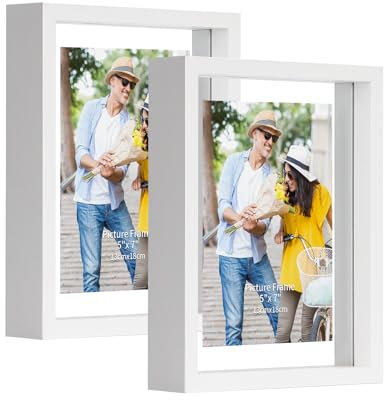 EXYGLO Juego de 2 Marcos de Fotos 13x18 cm Flotantes, Marco de Fotos Doble Cristal, Marco Doble Care para Colgar en la Pared o de pie Sobre la Mesa, Muestra Fotos de Hasta 17x22cm, Blanco.