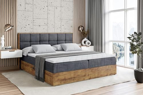 ALTDECOR Boxspringbett mit Matratze und Lattenrost, Topper, Fußteil,Polsterbett mit Bettkasten, Bett mit Stauraum H4-Matratze, Doppelbett, Boxbett - LOLLI2-140x200 - Dunkelgrau Casablanca