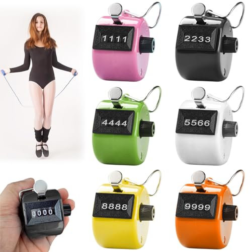 Leikurvo 6 Stück Handzähler Zähler: Metall Zähler Klicker Counter 4-Stellige Zähler für Personenzähler, Mengenzähler, Rundenzähler Stricken, Fingerzähler, Golf und Reihenzähler Sport School, 6 Farbe