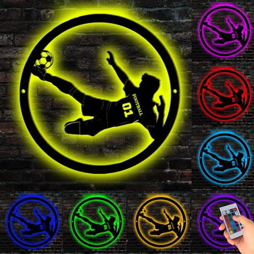 LZXSXZ Personalisiertes Fußballspieler Metallschild mit LED Licht, Personalisiert Mit Name Zimmer Beleuchtung Wand Lampe, individueller Name und Nummer, Zimmer Deko, Weihnachten, Geburtstag