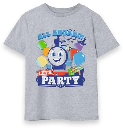 THOMAS & FRIENDS Jungen-T-Shirt, Grau, kurzärmelig, mit Luftballons und Geschenken, Party-Feier, Grafik-T-Shirt für Jungen, All Aboard Let's Party Bekleidung, Thomas, Merchandise-Geschenk für Kinder,