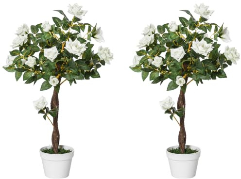 Outsunny Set 2 Alberelli di Rose Finte, Pianta Artificiale Alta 90cm con 21 Fiori e Vaso per Interno ed Esterno, Bianco e Verde