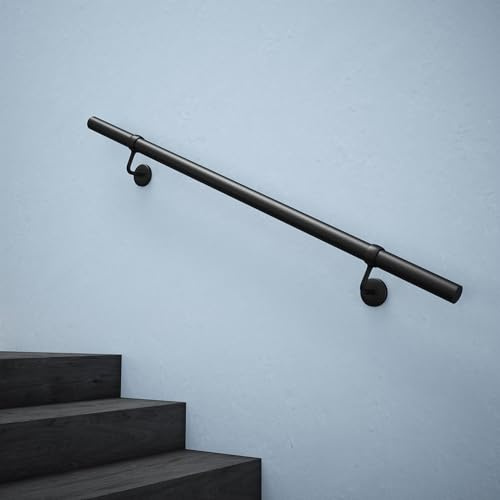 Rothley Matt Black Stair Hand Rail Kit 1.2M - Internal Staircase Steel Banniser, KMB1200 | Includes wall brackets, end caps, and Fischer plugs; no drilling needed on the tube for easy, customisable assembly.