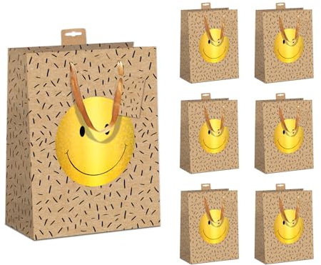 PremiumLine Geschenktaschen 6 Stück edle Geschenktüten Papier Tragetasche aus robustem Kraftkarton DIN A5 Geburtstag Geschenkbeutel Medium 18x23x10cm mit farbiger Kordel und Anhänger