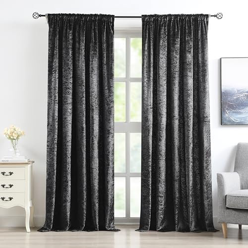 Bujasso Black Velvet Room Darkening Curtains 72 inches Long Crushed Velvet with Microfiber Lining Window Curtains for Living Room Bedroom Pencil Pleat Window Drapes Set of 2 Panels W66 x L72 Black