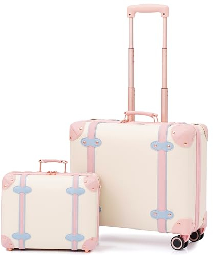 Miss.Box Vintage Handgepäck-Set mit Rollen für Damen, Retro-Kofferraum-Stil, PU-Leder, Koffer mit passendem Kosmetikkoffer, 35,6 cm und 45,7 cm Set, Pearl Ivory, 14inch &18inch, Vintage