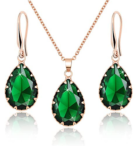 Linawe Emerald Green Crystal Rose Gold Jewellery Sets for Women, Pendant Matching Necklace Set, Imitation Diamond Drop Dangle Teardrop Earrings Set, Rhinestone Jewellery Wedding Bridal Bridesmaid