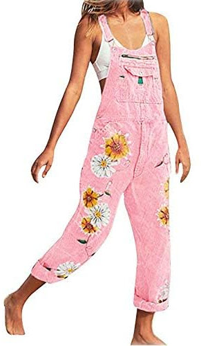 BJMAND Salopette casual da donna in denim con bretelle, stampa floreale vintage, vestibilità ampia, gamba dritta, tutina con tasche, taglie S-5XL pantaloni taglie forti, rosa, S