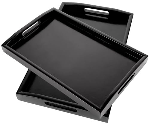 MIVIDE 2 bandejas para servir de madera con asas, bandeja rectangular de 36 x 23 x 3,5 cm, bandeja negra rectangular de madera para té, alimentos, cocina, restaurantes